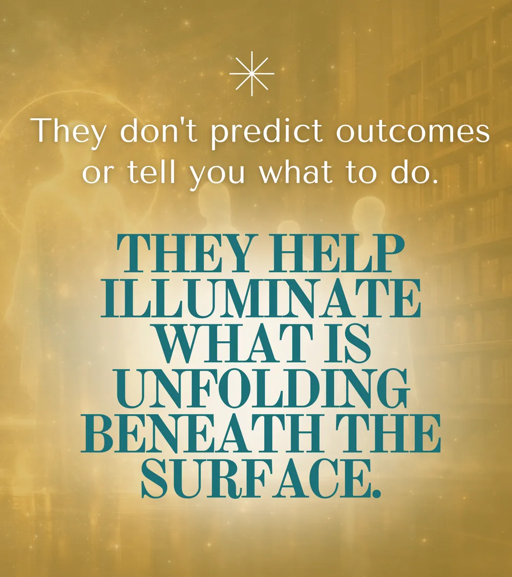They don’t predict outcomes or tell you what to do. They help illuminate what is unfolding beneath the surface.