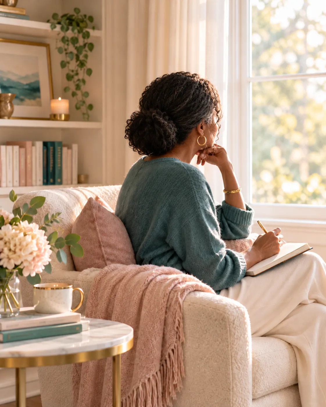 A woman journaling by a window in golden evening light