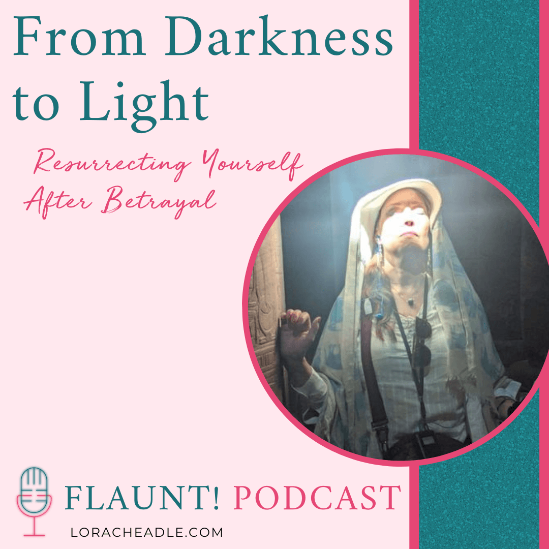 Woman in egyptian temple with sun on her face, moving from darkness to light after infidelity